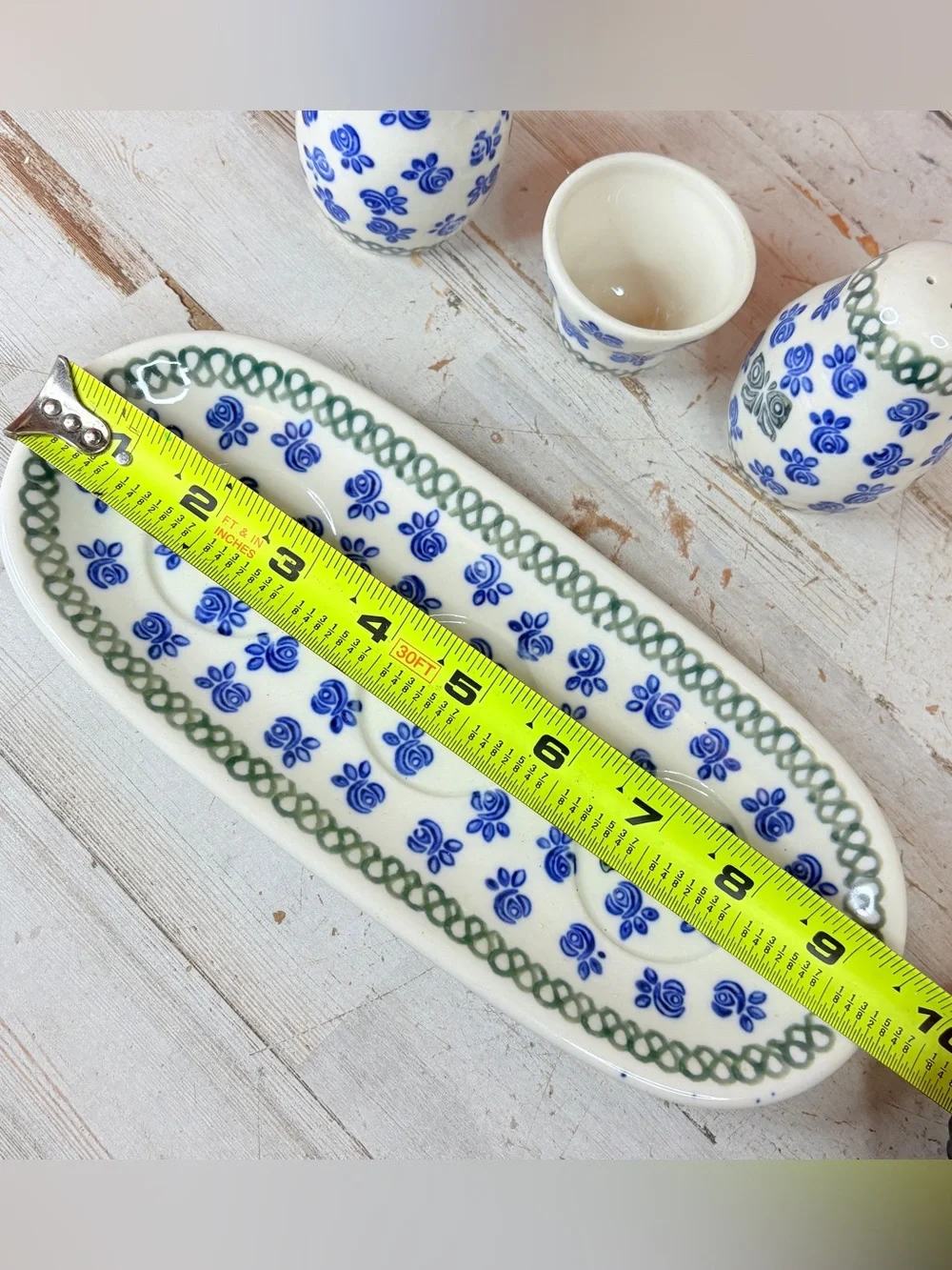 POLISH POTTERY Salt Pepper Shakers Set Tray Napkin Holder Boleslawiec Flowers